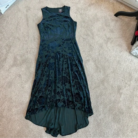 Vince Camuto Burnout Green Navy Velvet Highlow Dress sleeveless cocktail party - Picture 7 of 14